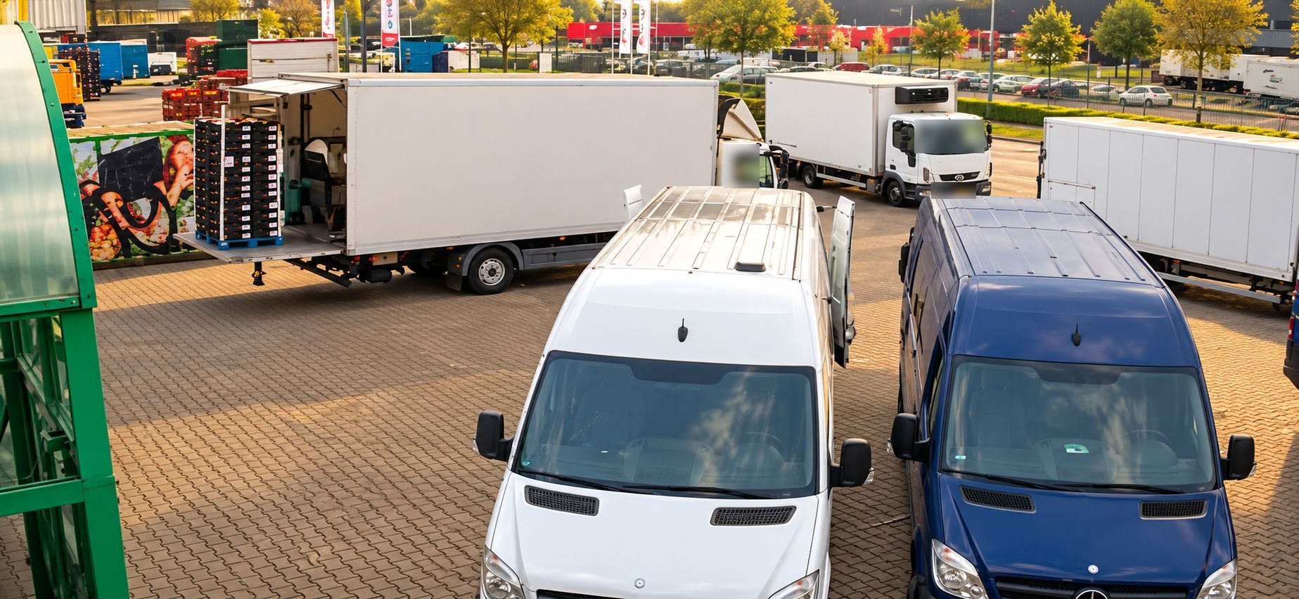 Bestelwagens en vrachtwagens op het laadplein