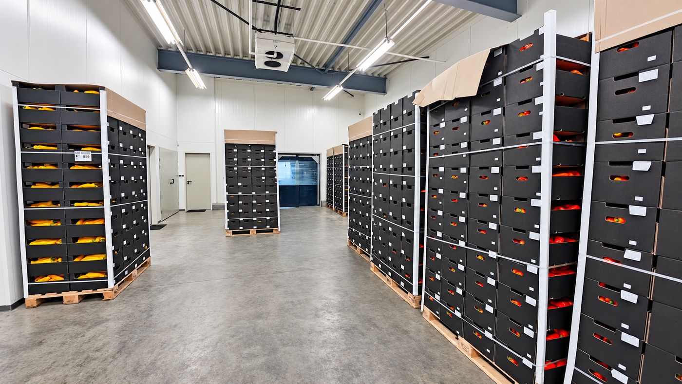 Koelhuis met gevulde kratten